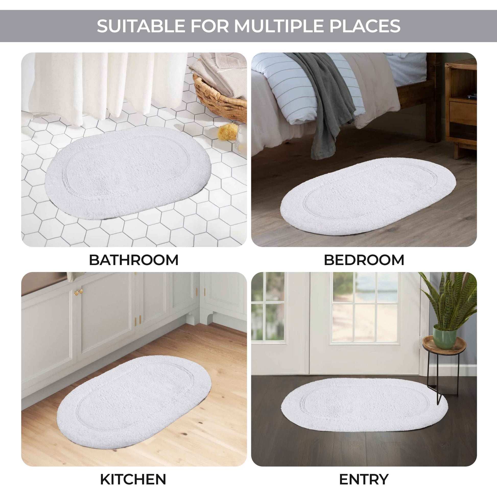 Cotton Non Slip Oval 2 Piece Bath Rug Set - White