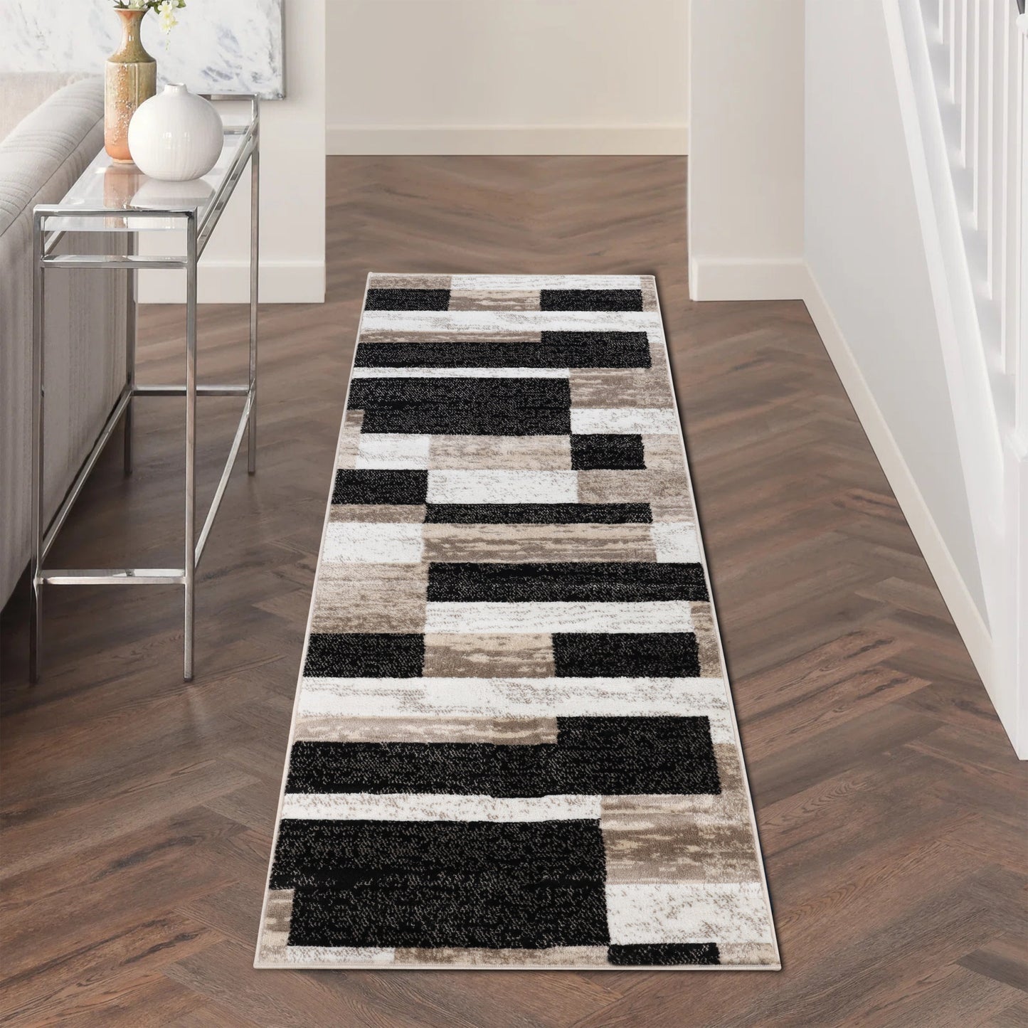 Rockwood Modern Geometric Patchwork Indoor Area Rug or Runner - Ivory-Beige