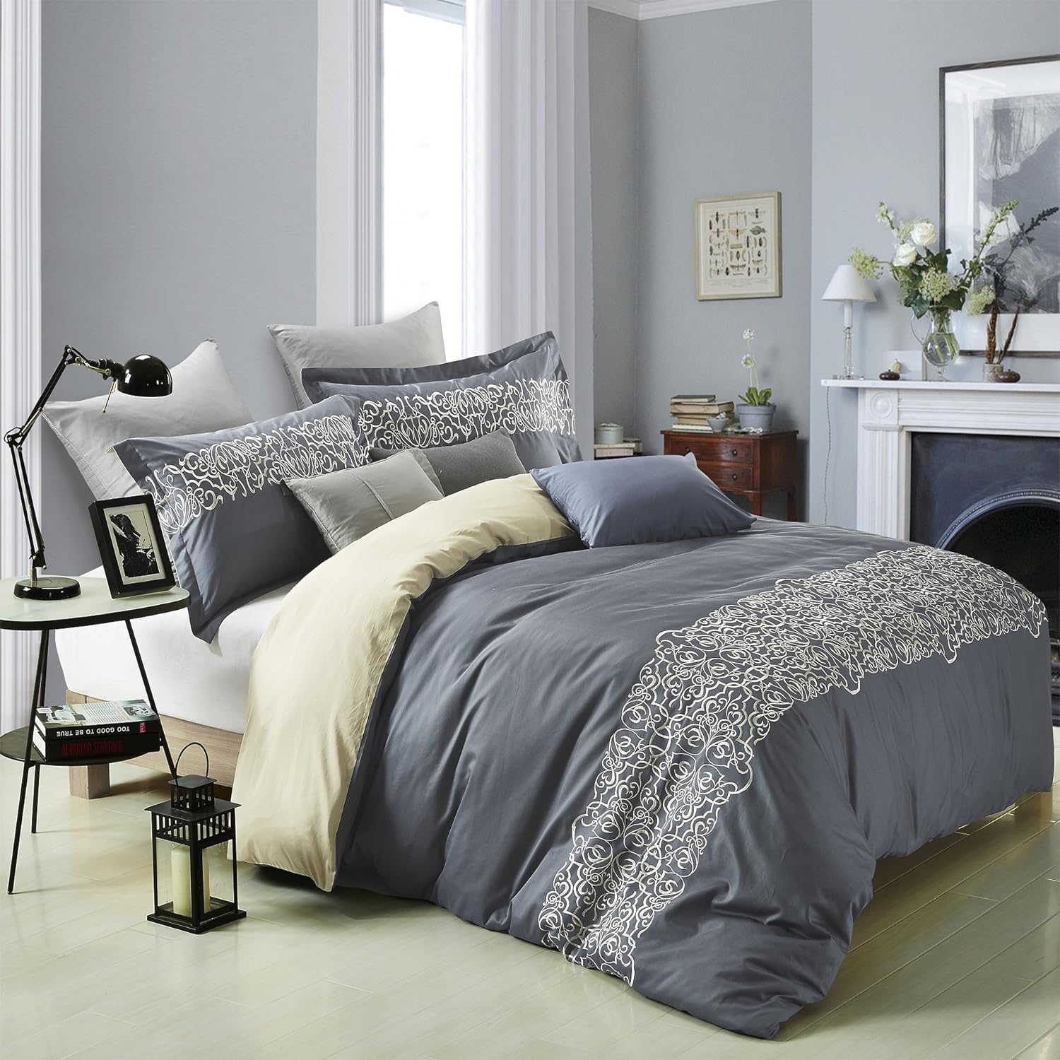 Harrison Embroidered Filigree Cotton Duvet Cover Set - Gray