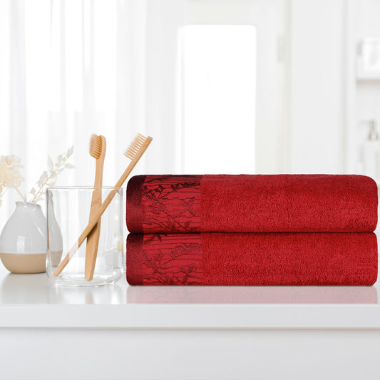 Superior Wisteria Cotton Floral Jacquard Border Bath Towels  - Garnet