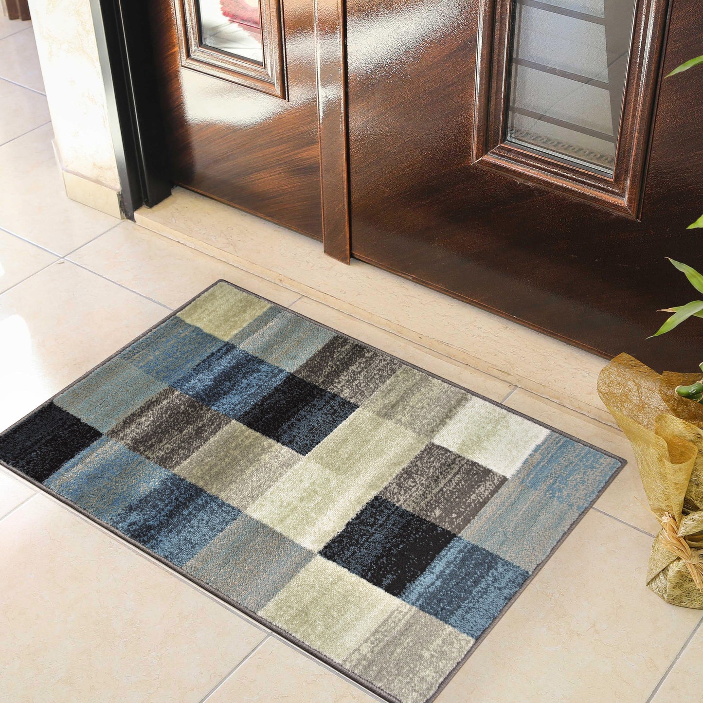 Superior Rockaway Geometric Checkered Rivulet Transitional Area Rug - Majolica Blue