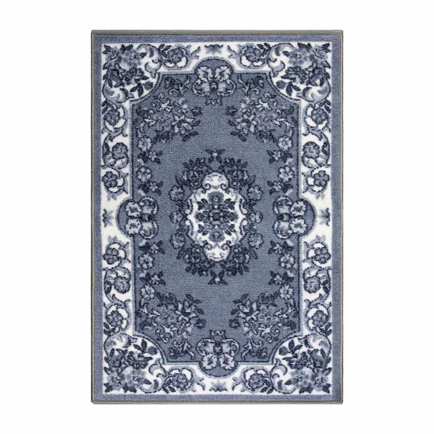  Seraphina Traditional Floral Non-Slip Indoor Area Rug Or Runner Rug Or Door Mat - Black-White