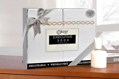 Superior 3000 Series Wrinkle Resistant Cloud Embroidered Sheet Set - White/Gold