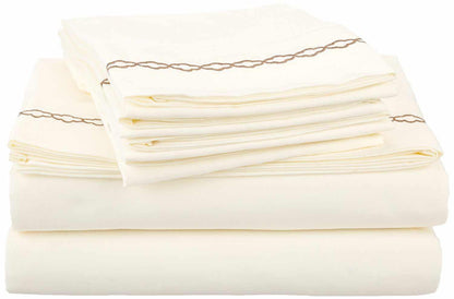 Superior 3000 Series Wrinkle Resistant Cloud Embroidered Sheet Set - Ivory/Taupe