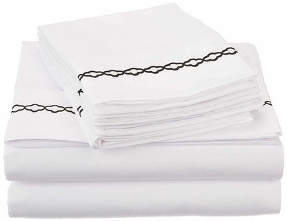 Superior 3000 Series Wrinkle Resistant Cloud Embroidered Sheet Set - White/Black