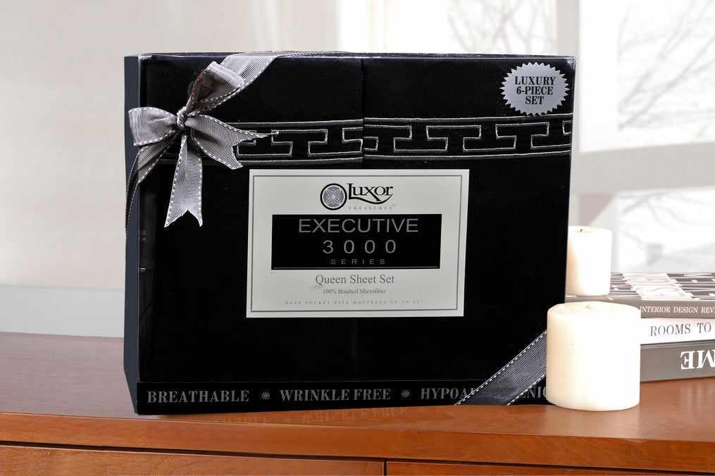 Superior 3000 Series Wrinkle Resistant Elegant Embroidered 6 Piece Sheet Set - Black/Grey