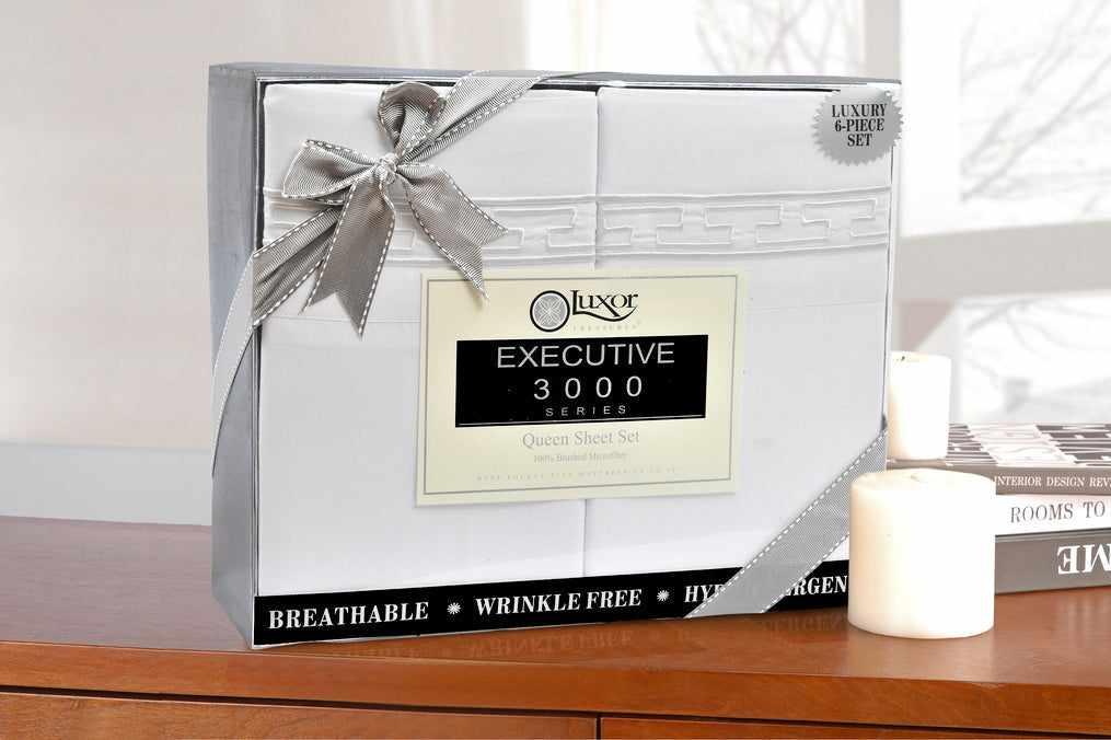 Superior 3000 Series Wrinkle Resistant Elegant Embroidered 6 Piece Sheet Set - White