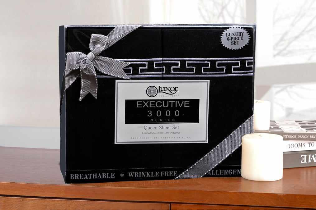 Superior 3000 Series Wrinkle Resistant Elegant Embroidered 6 Piece Sheet Set - Black/White