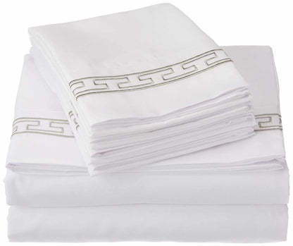 Superior 3000 Series Wrinkle Resistant Elegant Embroidered 6 Piece Sheet Set - White/Grey
