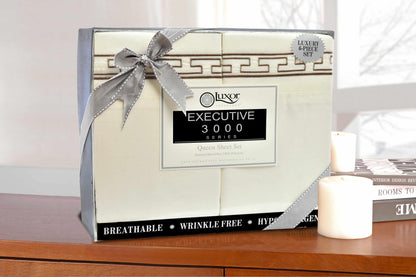  Superior 3000 Series Wrinkle Resistant Elegant Embroidered 6 Piece Sheet Set - Ivory/Taupe