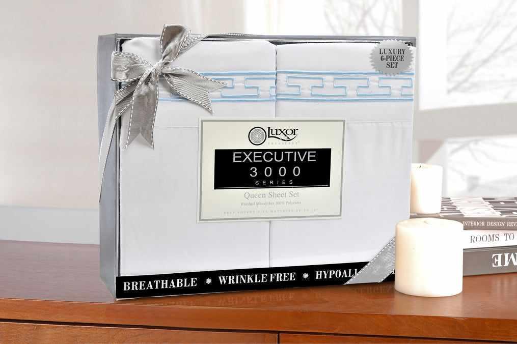  Superior 3000 Series Wrinkle Resistant Elegant Embroidered 6 Piece Sheet Set - White/Blue