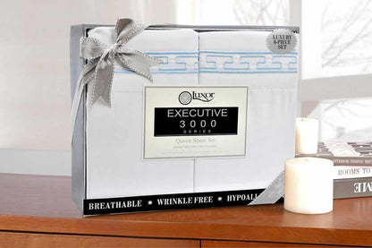  Superior 3000 Series Wrinkle Resistant Elegant Embroidered 6 Piece Sheet Set - White/Blue