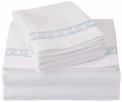 Superior 3000 Series Wrinkle Resistant Elegant Embroidered 6 Piece Sheet Set - White/Blue