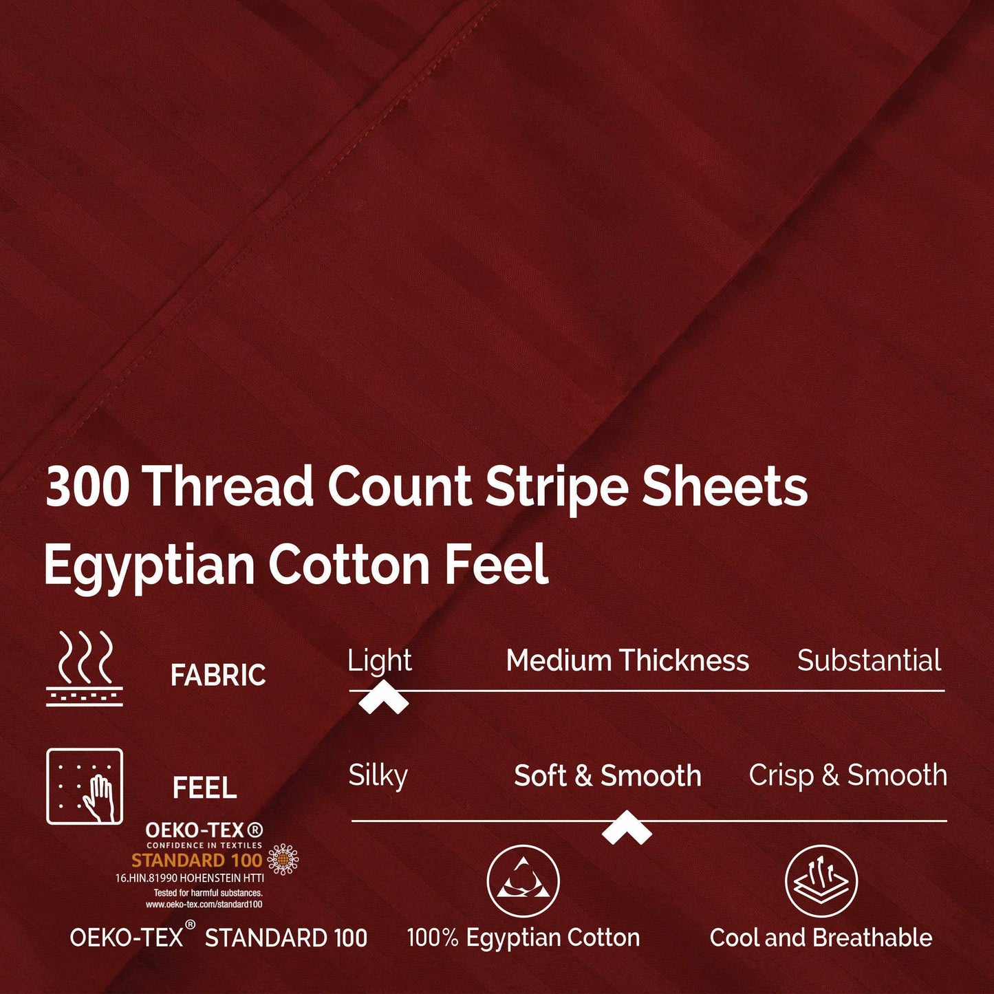 Superior 300 Thread-Count Premium Egyptian Cotton Stripe Sheet Set - Burgundy
