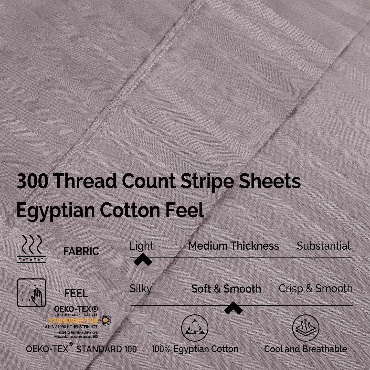Superior 300 Thread-Count Premium Egyptian Cotton Stripe Sheet Set - Grey