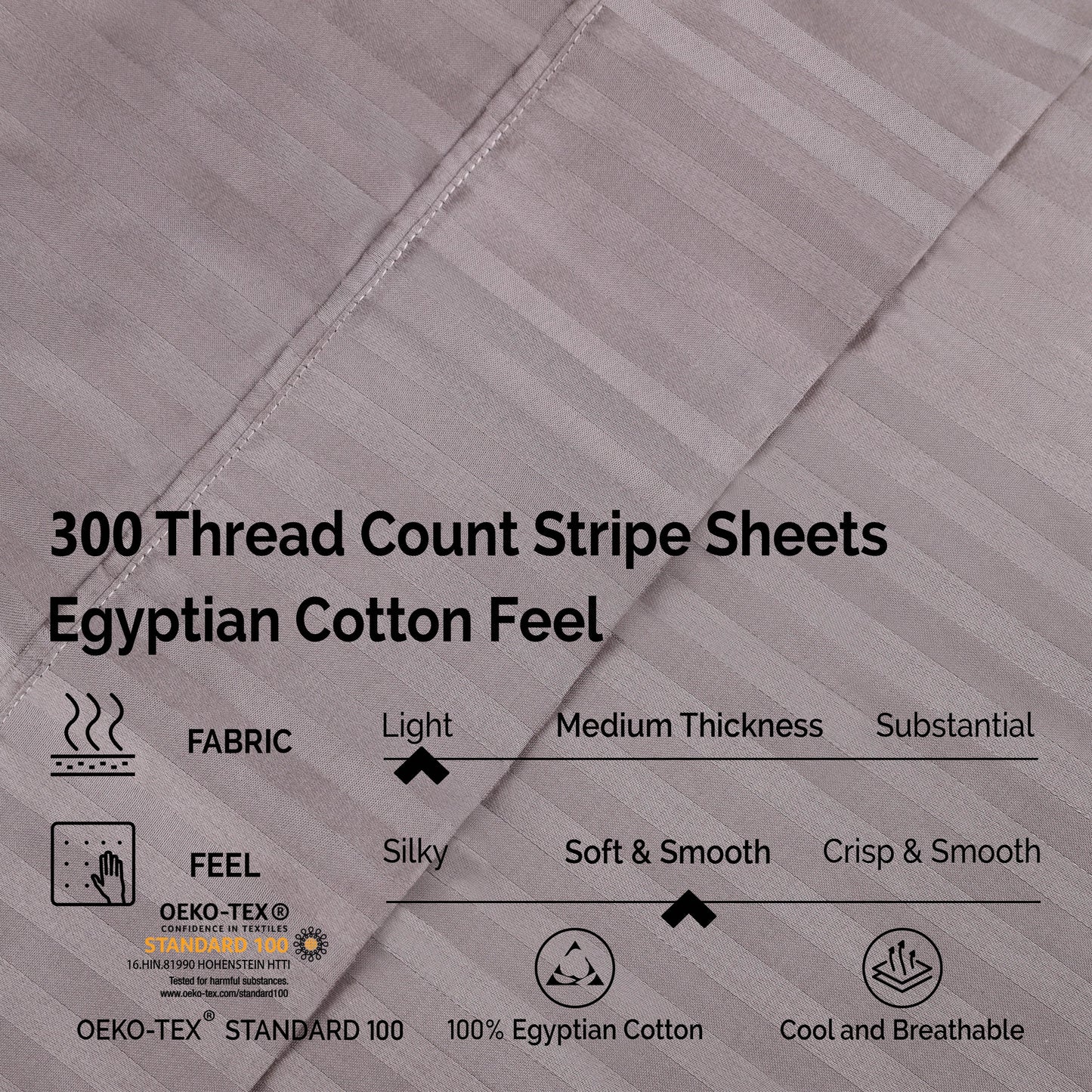 Superior 300 Thread Count Premium Egyptian Cotton Stripe Sheet Set - Grey