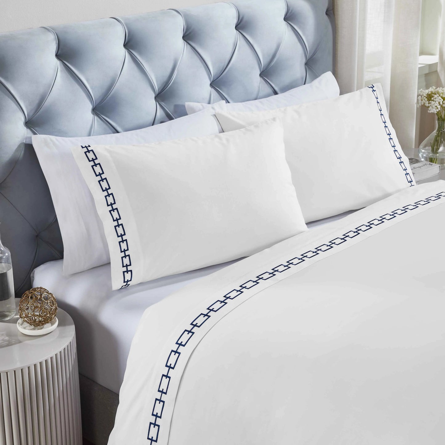 Chain Links Cotton Embroidered Deep Pocket Bed Sheet Set