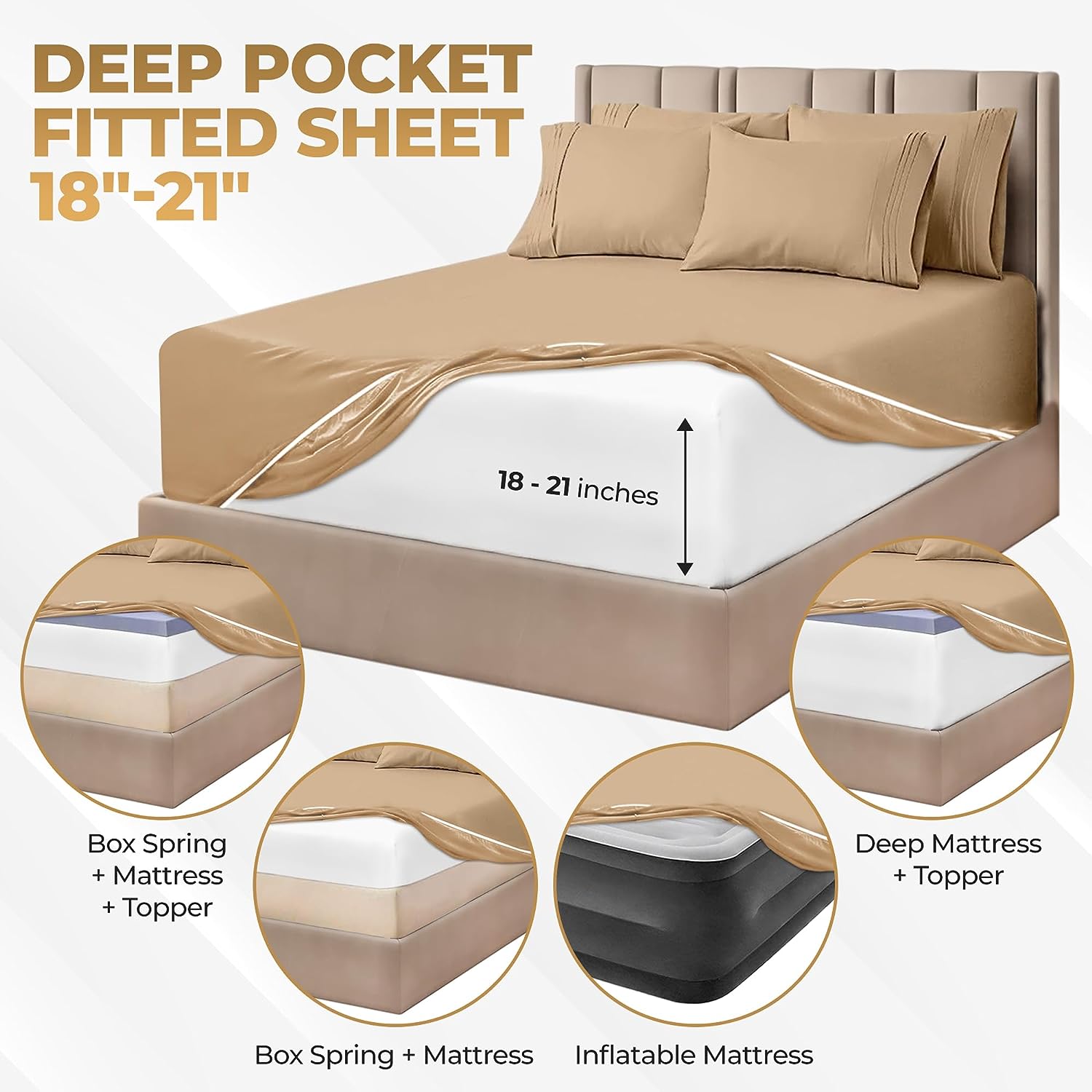 Superior Egyptian Cotton 1000 Thread Count Extra Deep Pocket Solid Sheet Set - Tan