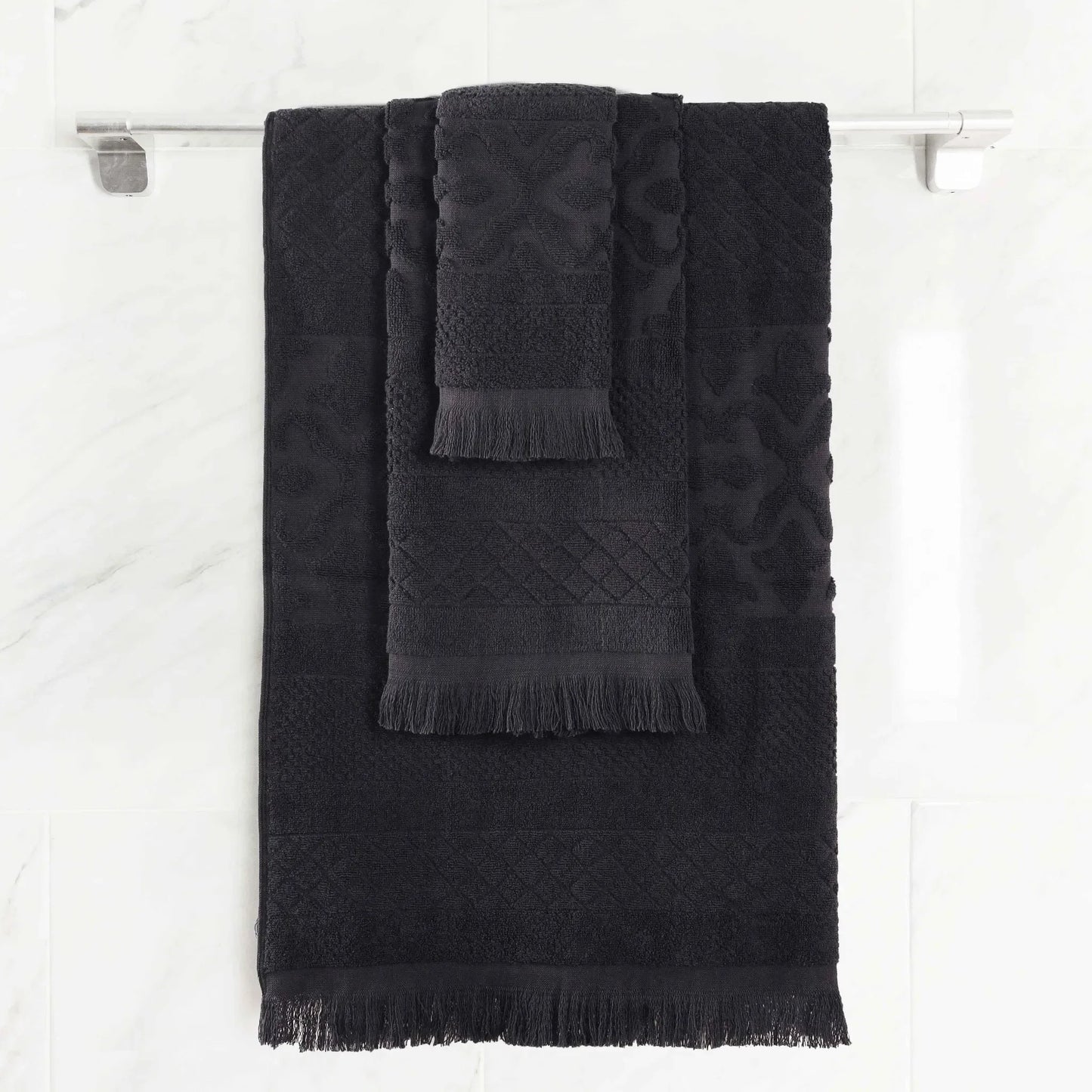 Rolla Cotton Geometric Jacquard Plush Soft Absorbent 3 Piece Towel Set