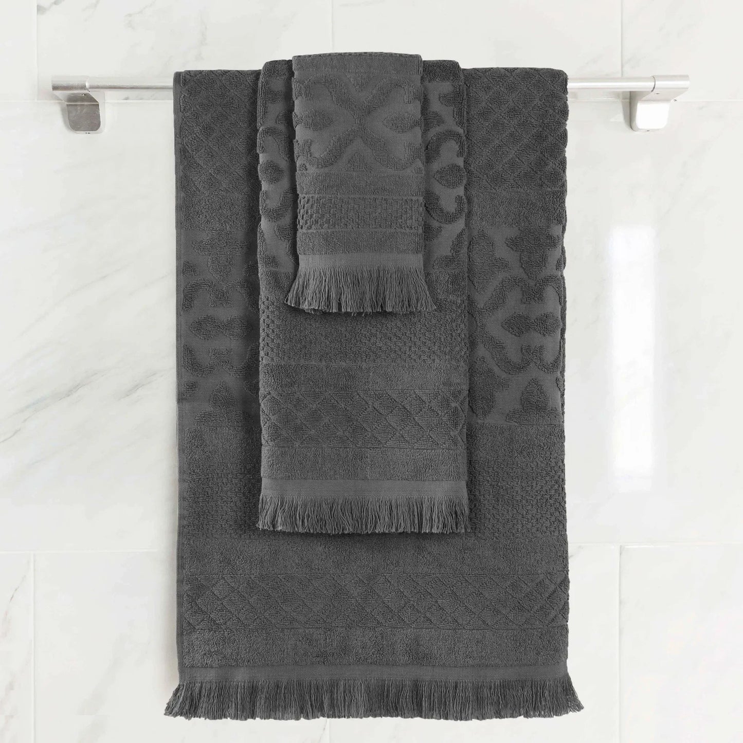 Rolla Cotton Geometric Jacquard Plush Soft Absorbent 3 Piece Towel Set