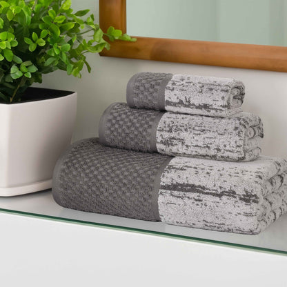 Lodie Cotton Plush Soft Jacquard Two-Toned 3 Piece Assorted Towel Set - Charcoal-Ivory