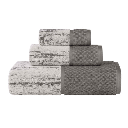 Lodie Cotton Plush Soft Jacquard Two-Toned 3 Piece Assorted Towel Set - Charcoal-Ivory