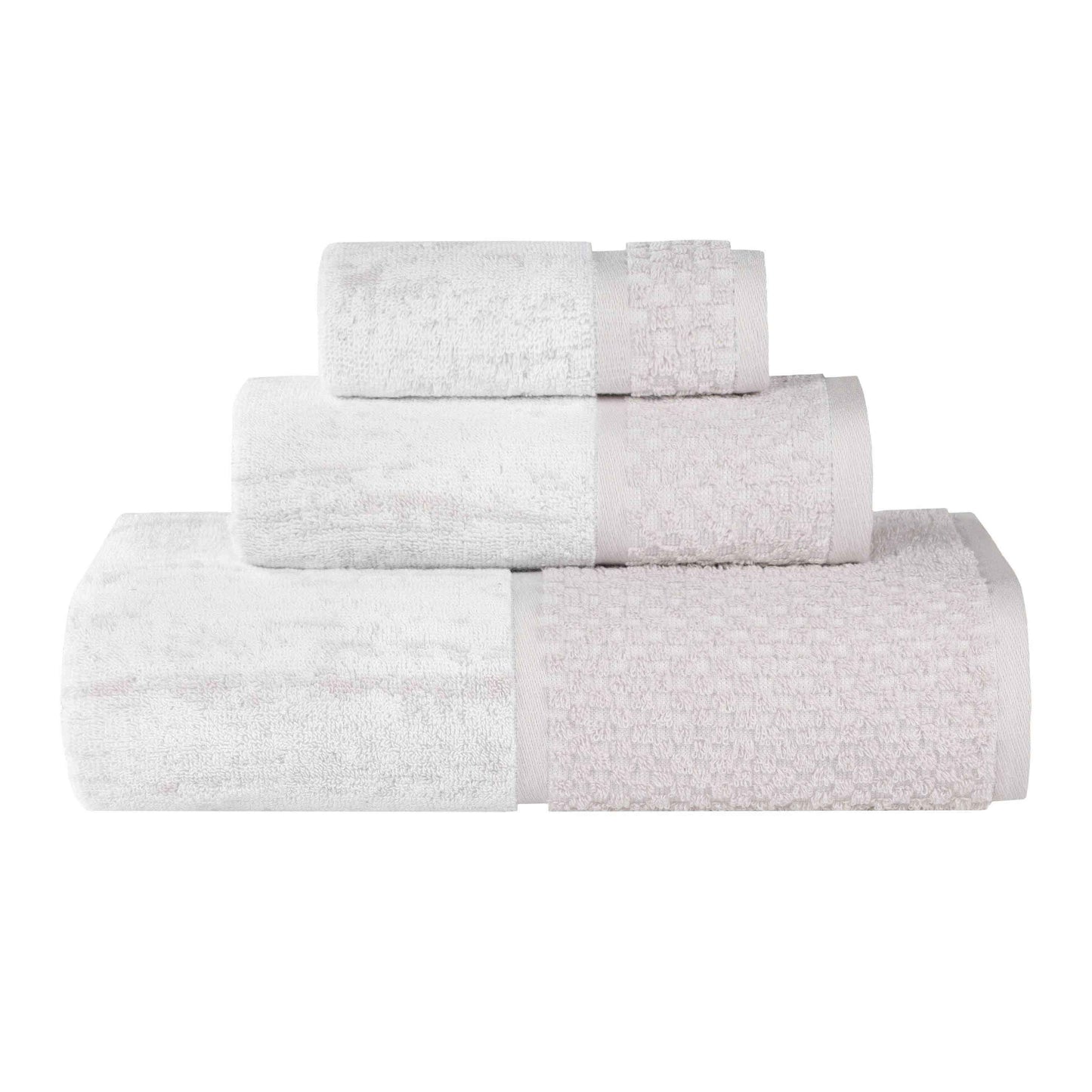 Lodie Cotton Plush Soft Jacquard Two-Toned 3 Piece Assorted Towel Set - Stone-White