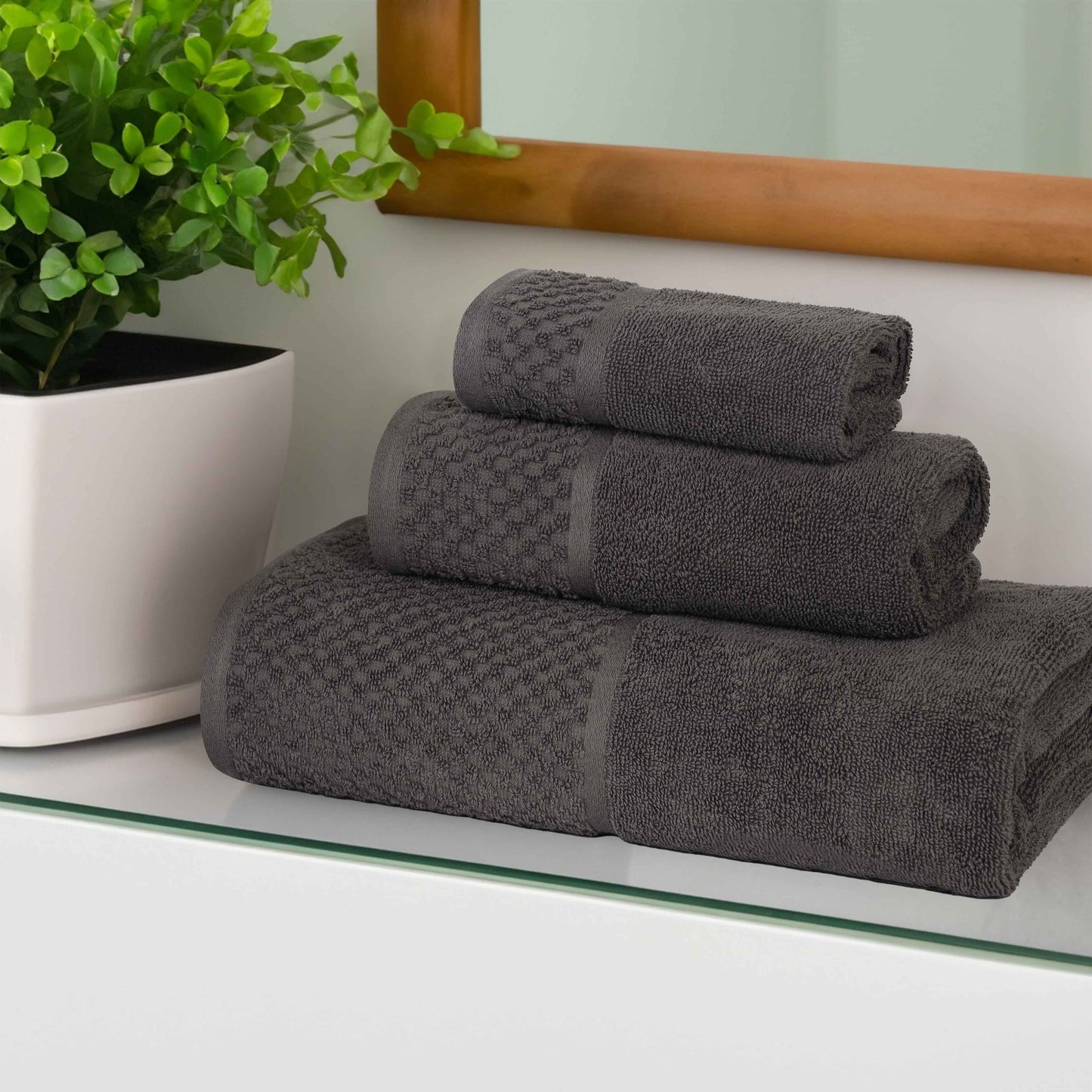 Lodie Cotton Plush Absorbent Jacquard Solid 3 Piece Assorted Towel Set - Charcoal-Ivory