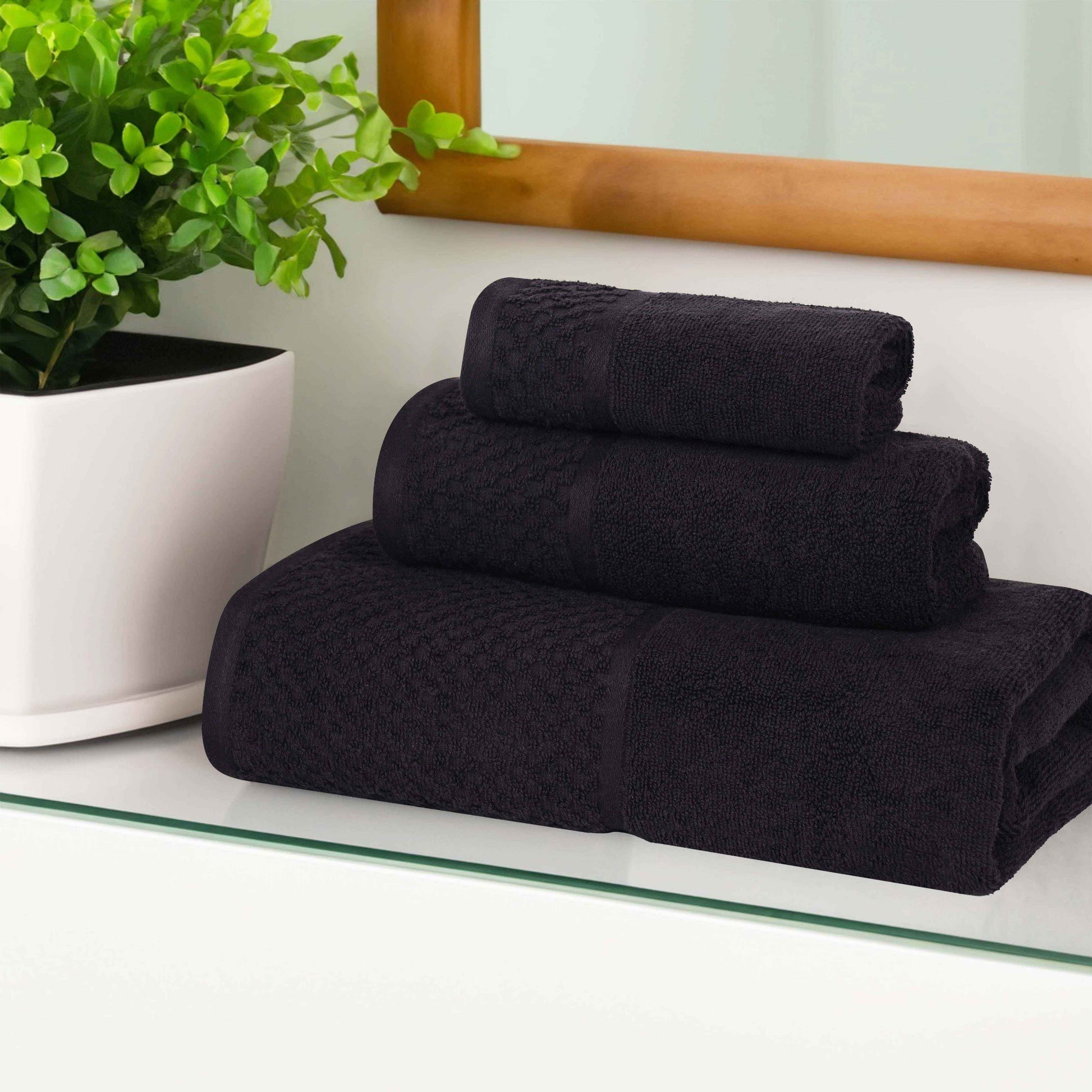 Lodie Cotton Plush Absorbent Jacquard Solid 3 Piece Assorted Towel Set - Black -Ivory