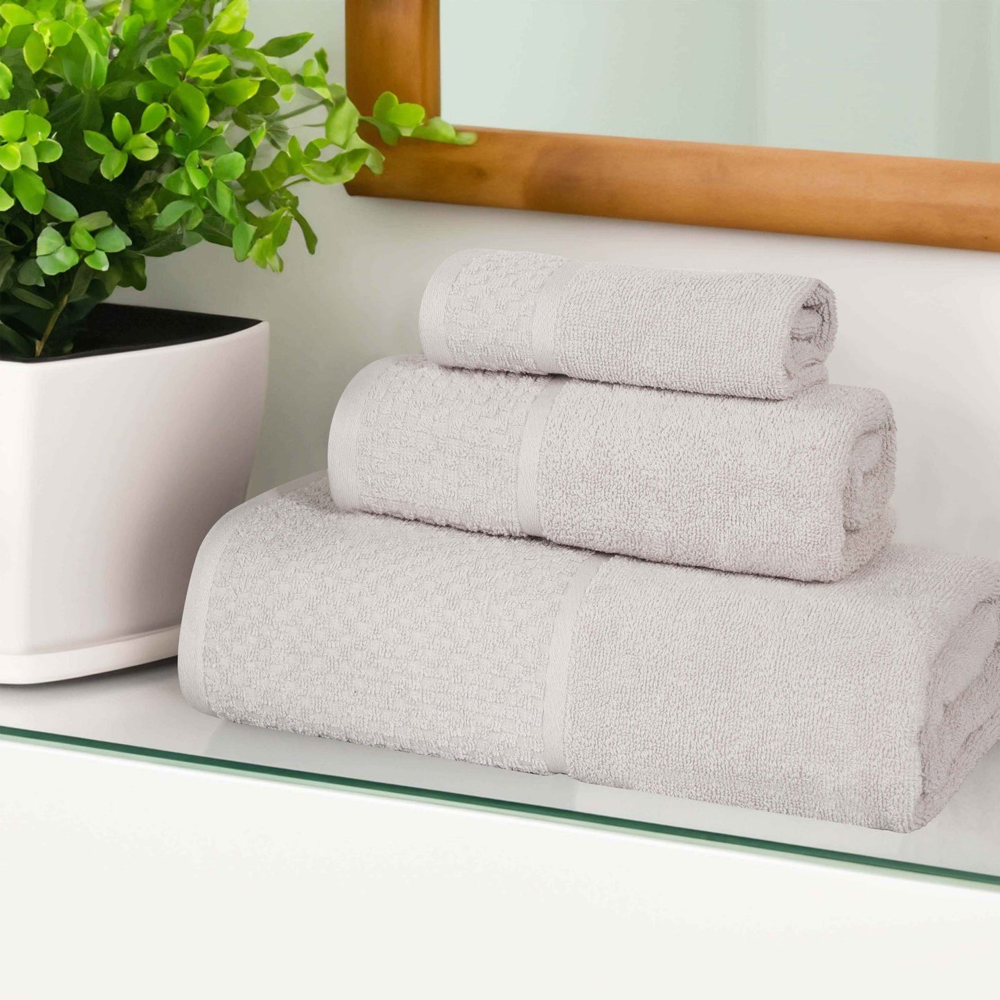 Lodie Cotton Plush Absorbent Jacquard Solid 3 Piece Assorted Towel Set - Stone-White