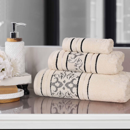 Sadie Zero Twist Cotton Jacquard Floral 3 Piece Towel Set - Ivory