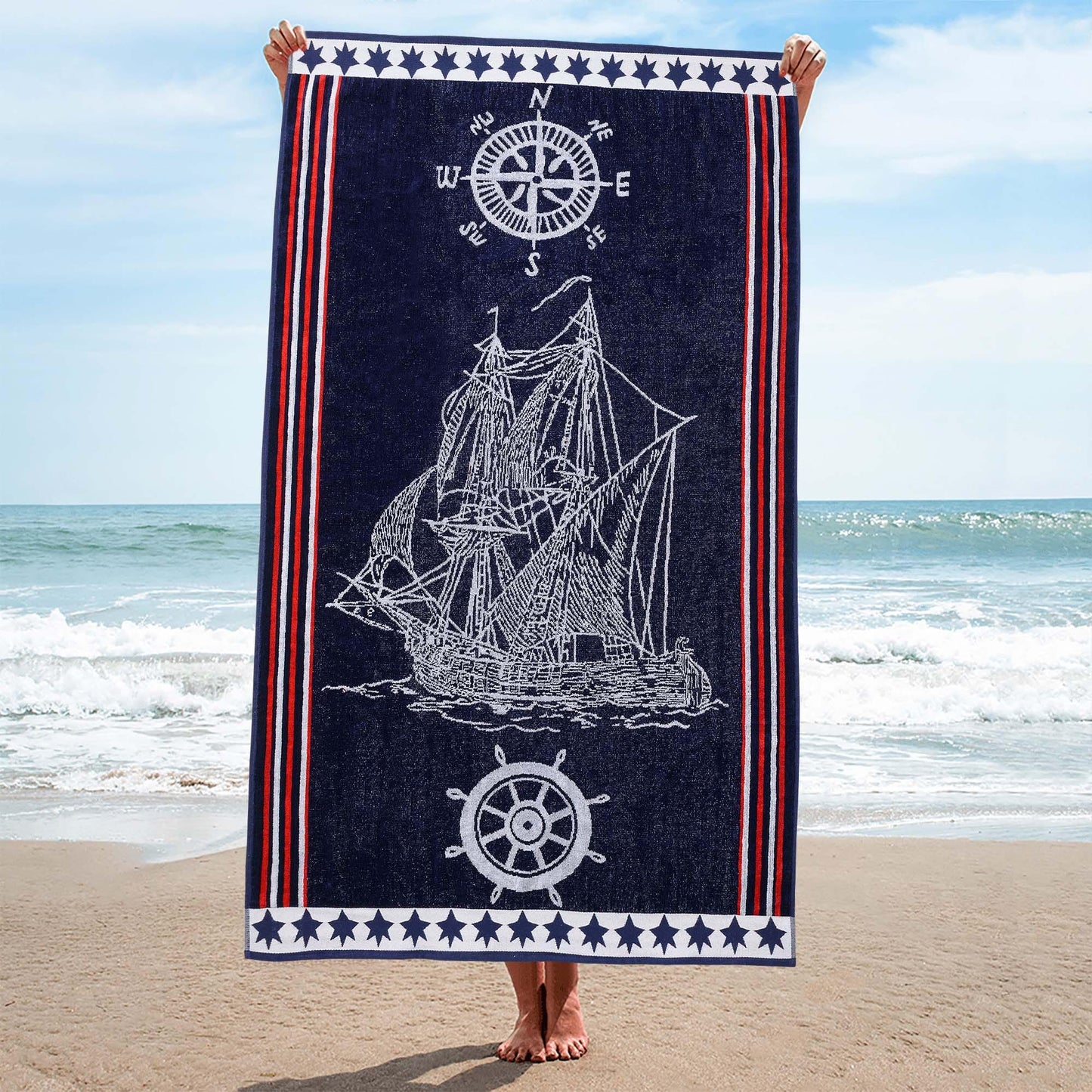 Navy Ship Oversized Cotton 2 Piece Beach Towel Set