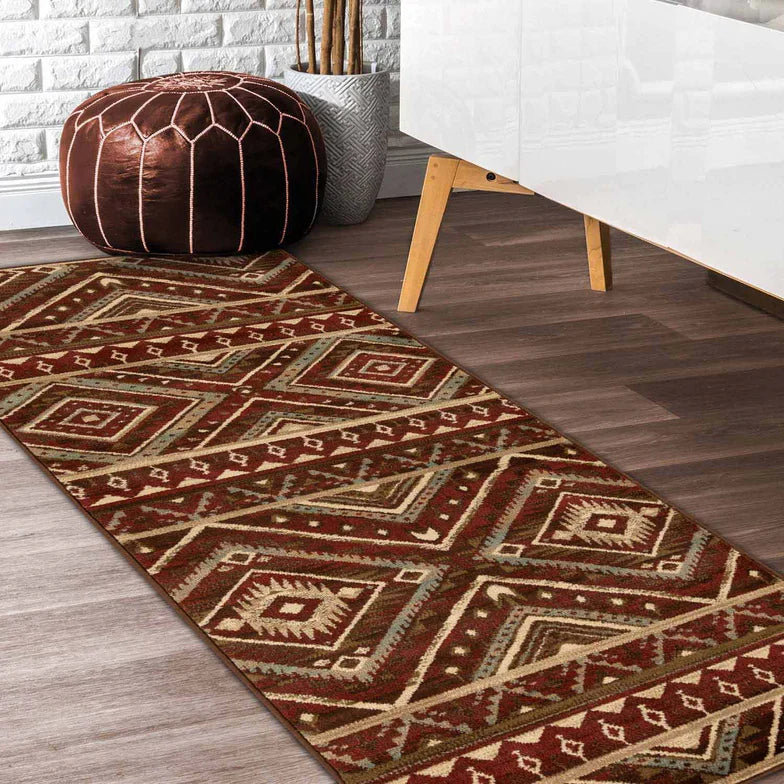 Tampa Southwestern Rustic Medallion Indoor Area Rug or Runner Rug - Maroon