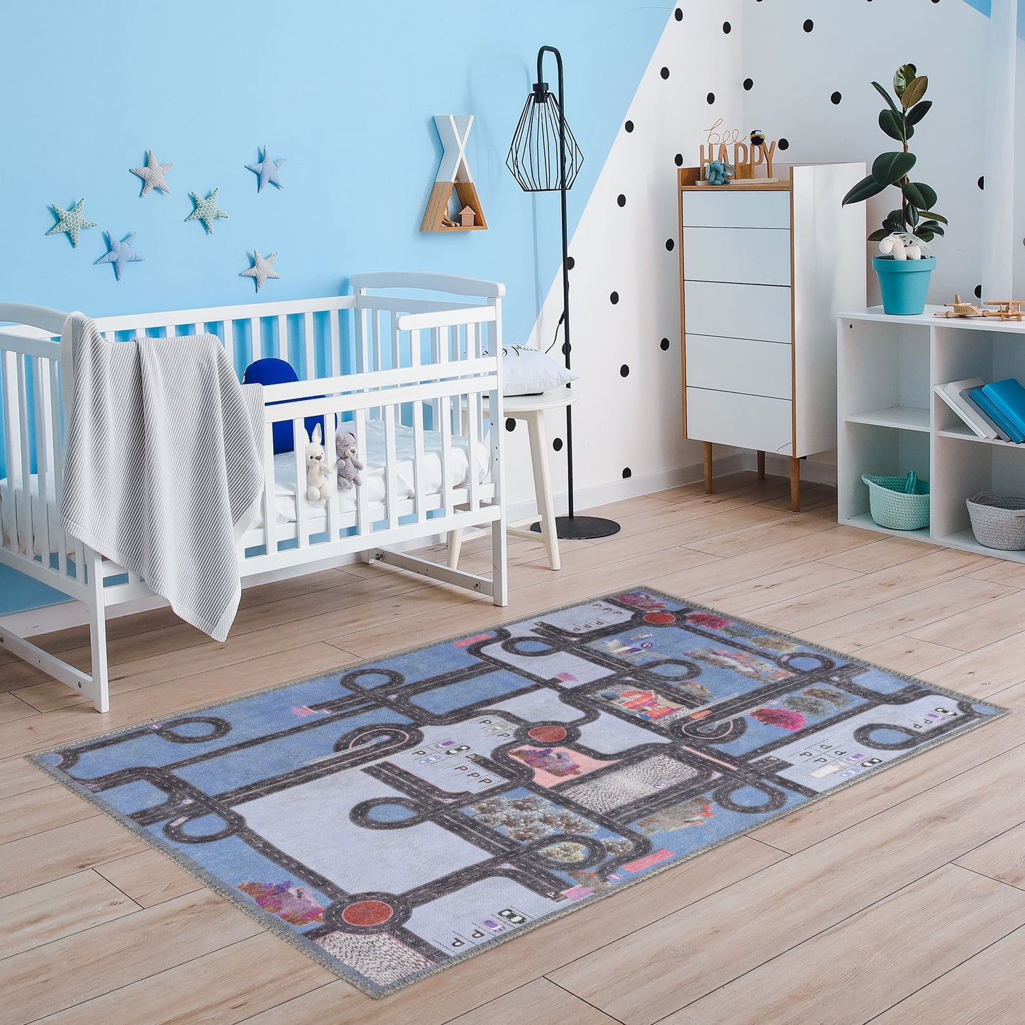 Superior Country Road Kids Playroom Nursery Washable Indoor Area Rug Or Door Mat - Blue