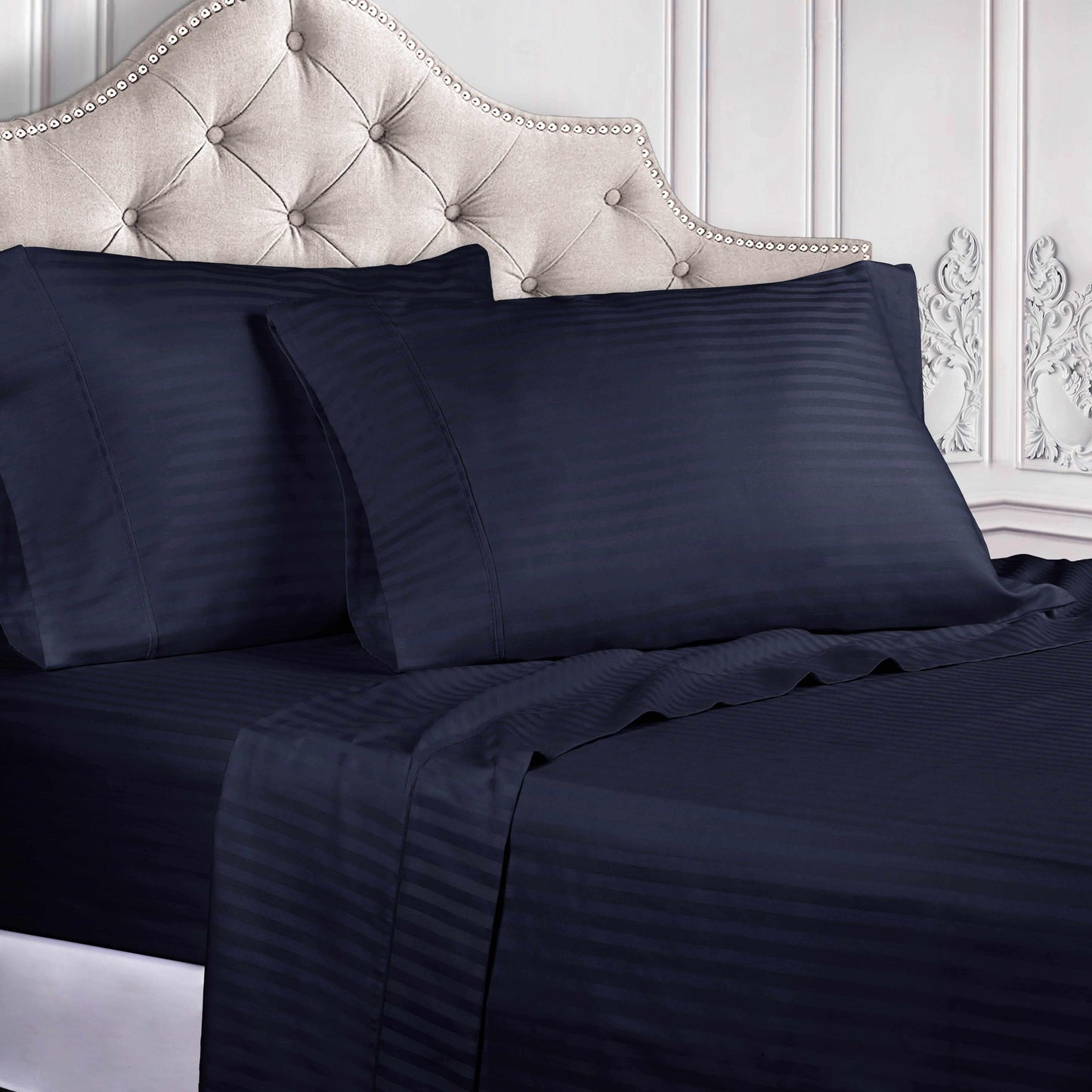 Superior 400 Thread Count Egyptian Cotton Stripe Sheet Set - Navy Blue