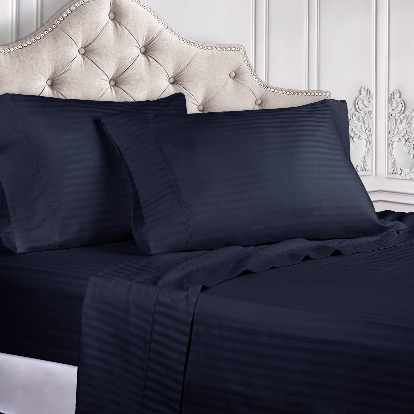Superior 300 Thread Count Premium Egyptian Cotton Stripe Sheet Set - Navy Blue