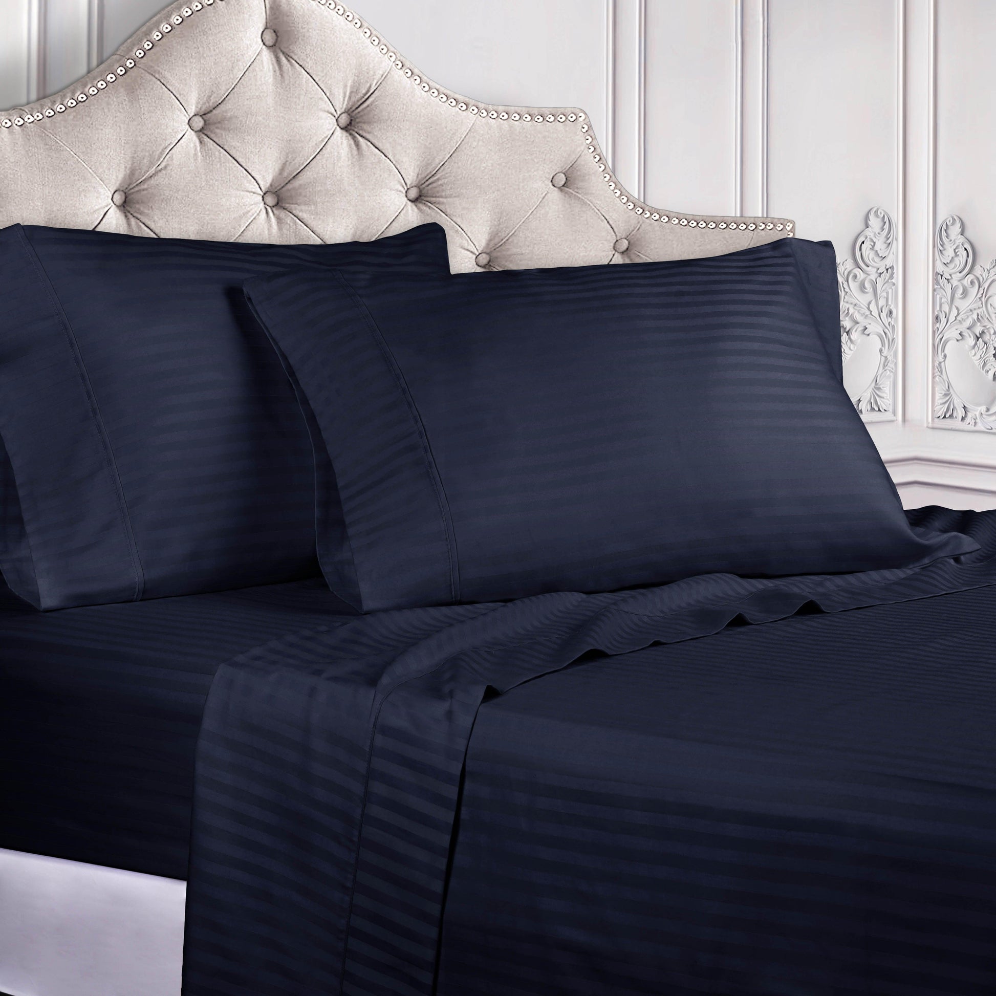 Superior 300 Thread Count Premium Egyptian Cotton Stripe Sheet Set - Navy Blue