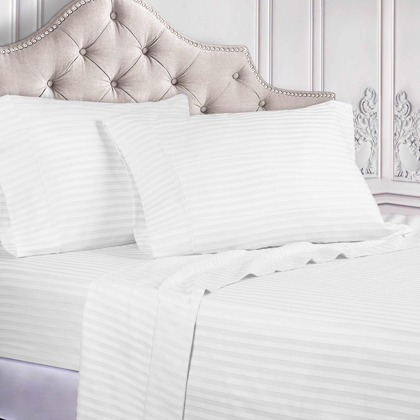 Superior 300 Thread-Count Premium Egyptian Cotton Stripe Sheet Set - White