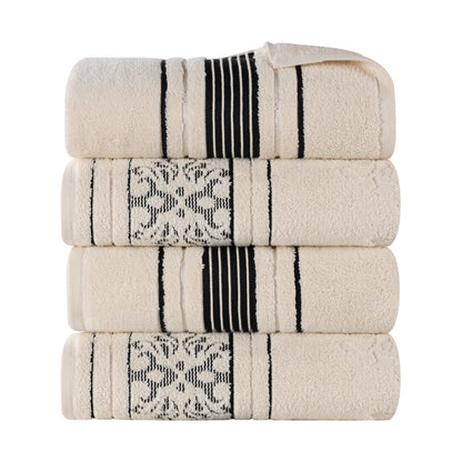 Sadie Zero Twist Cotton Floral Solid and Jacquard Bath Towel Set of 4 - Ivory