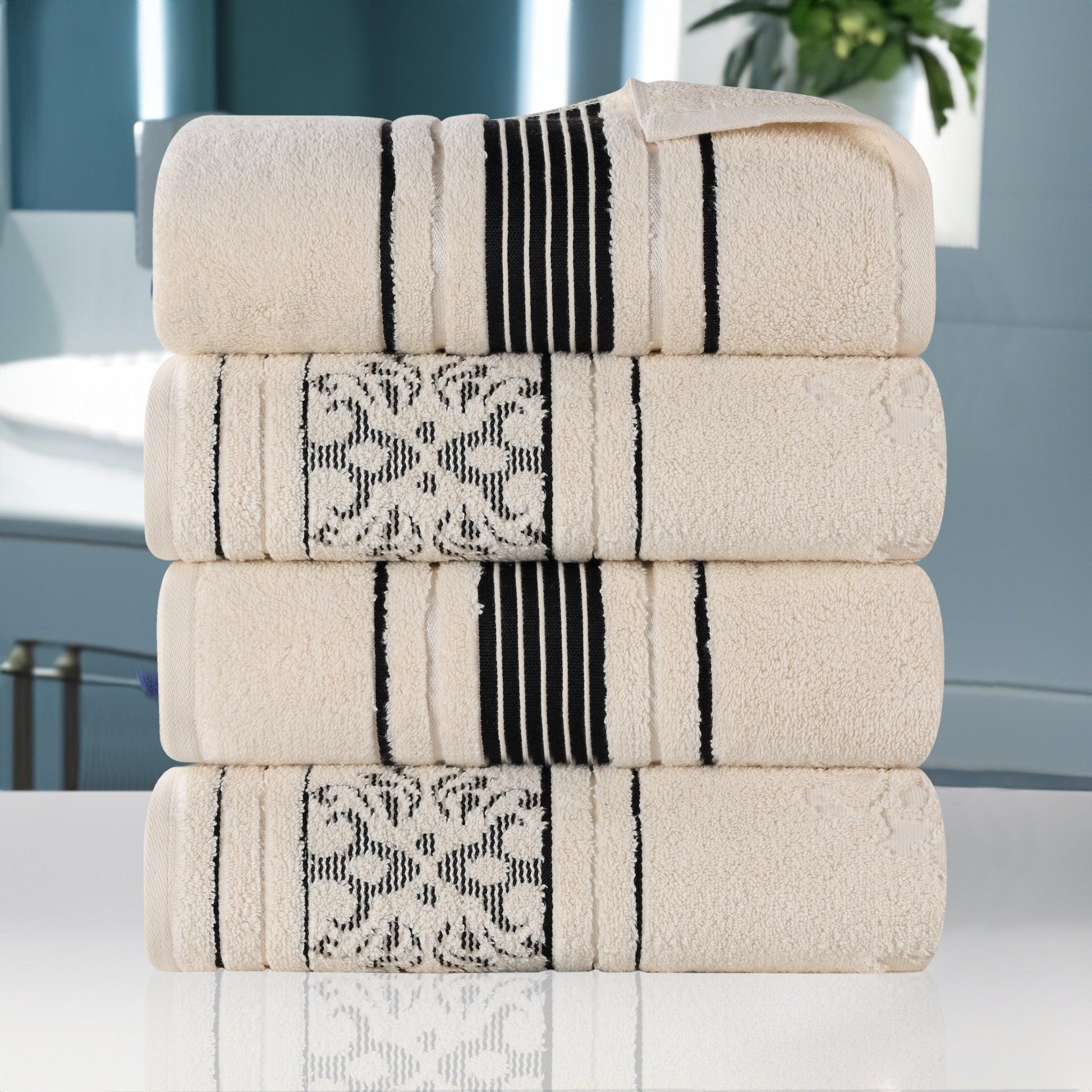 Sadie Zero Twist Cotton Floral Solid and Jacquard Bath Towel Set of 4 - Ivory