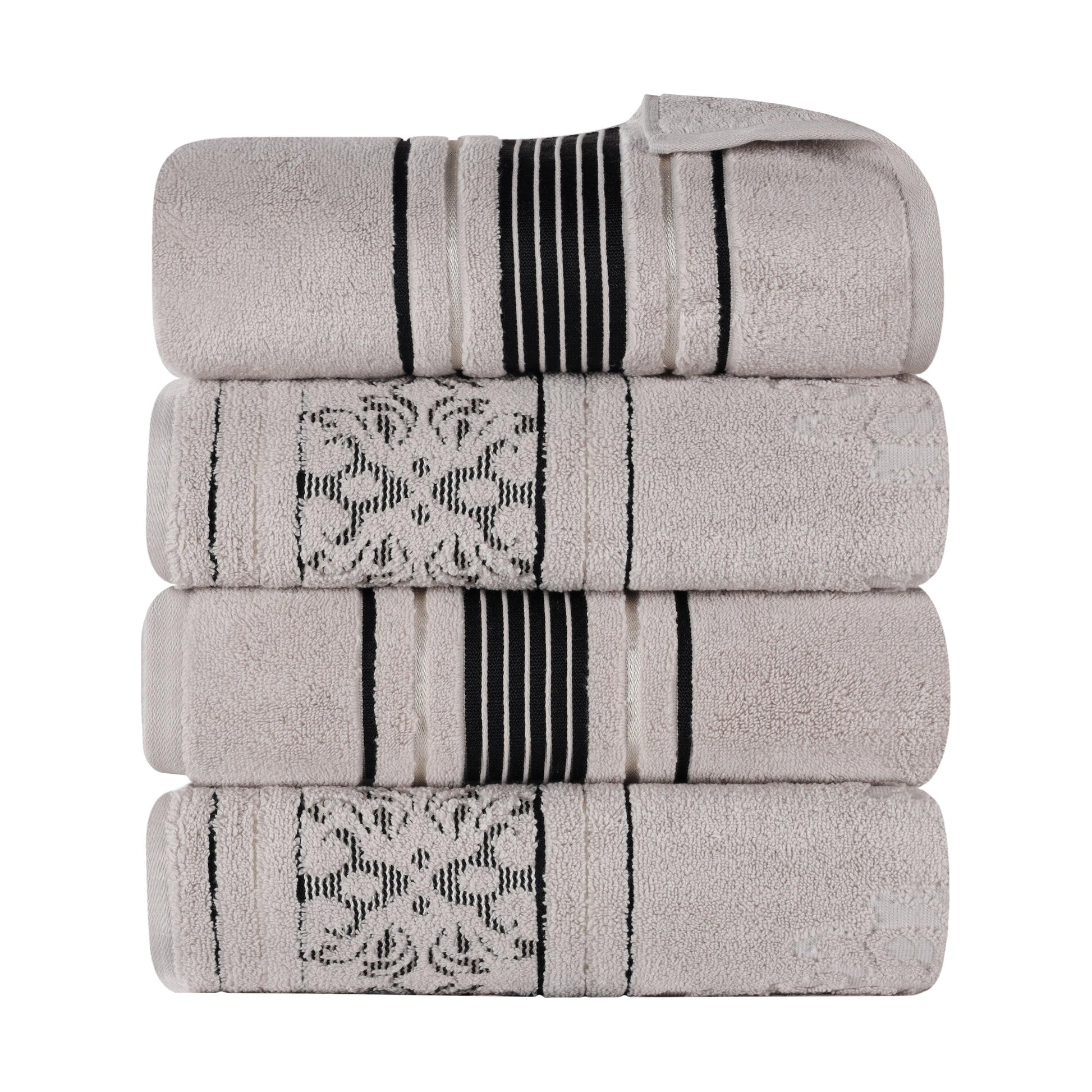 Sadie Zero Twist Cotton Floral Solid and Jacquard Bath Towel Set of 4 - Platinum