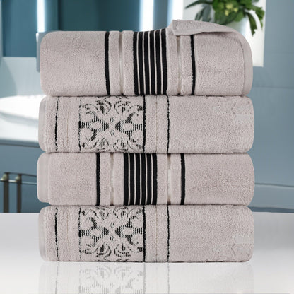 Sadie Zero Twist Cotton Floral Solid and Jacquard Bath Towel Set of 4 - Platinum