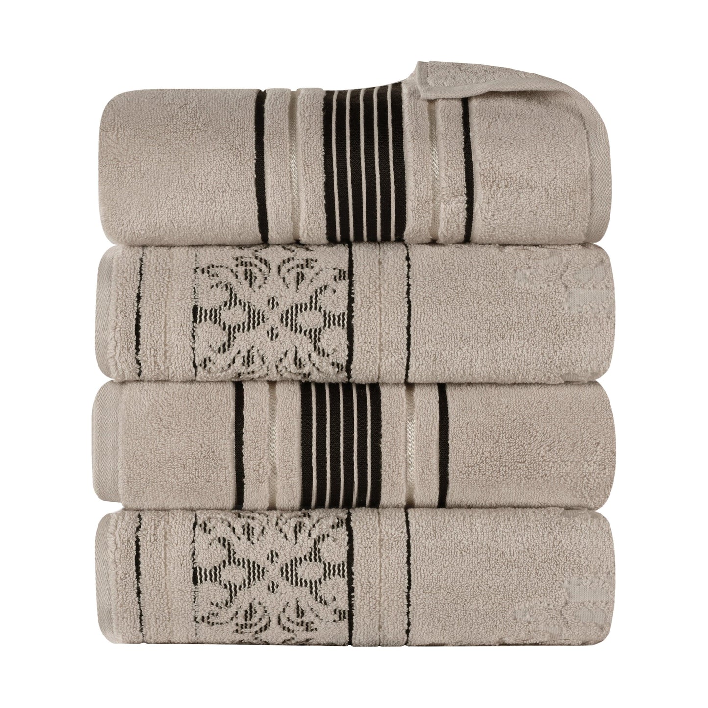 Sadie Zero Twist Cotton Floral Solid and Jacquard Bath Towel Set of 4 - Stone