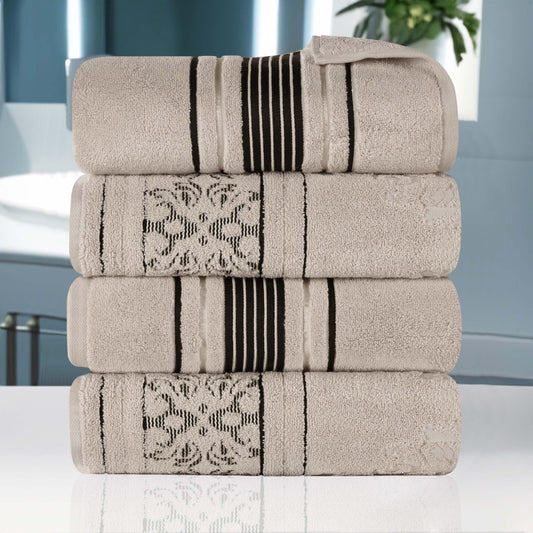 Sadie Zero Twist Cotton Floral Solid and Jacquard Bath Towel Set of 4 - Stone