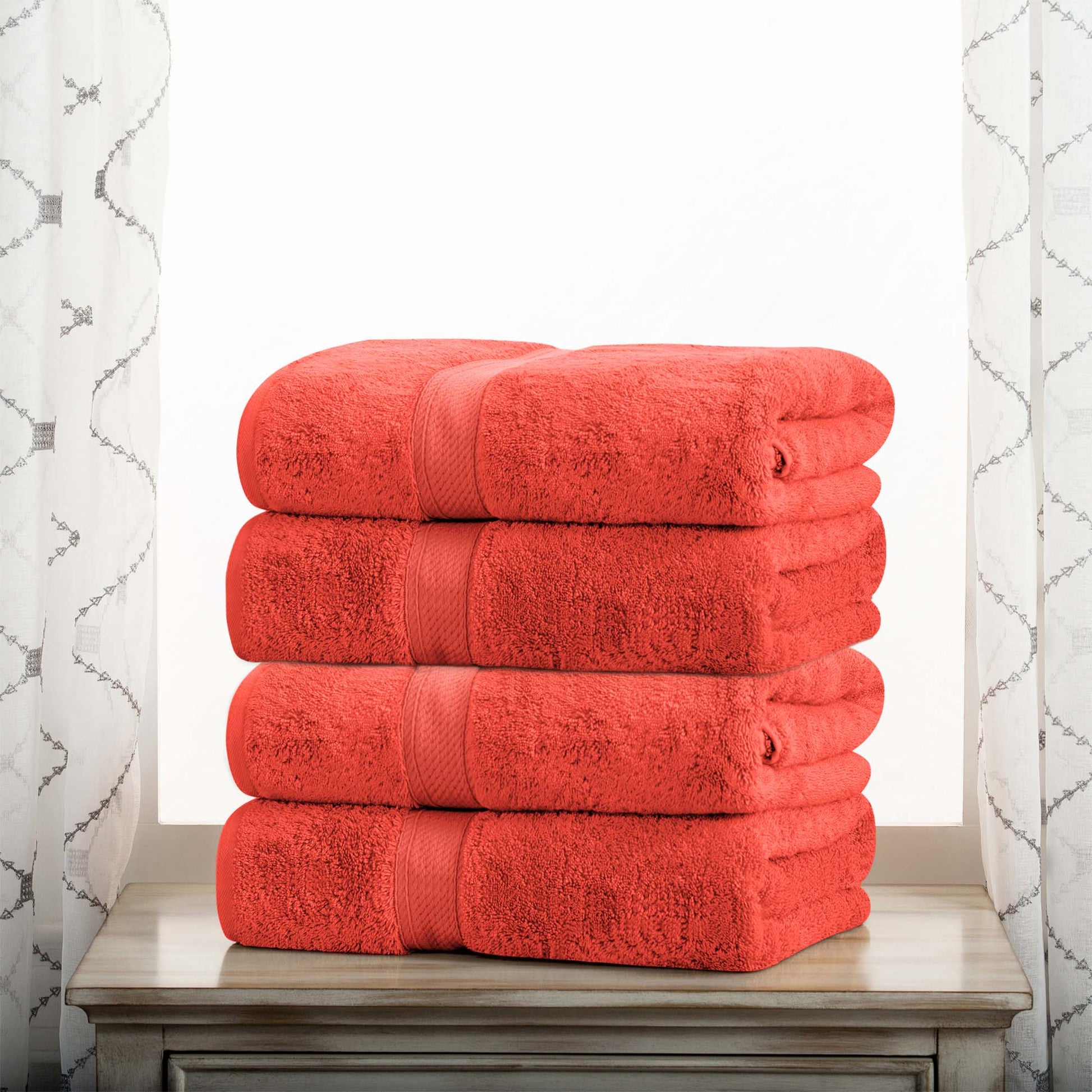 Egyptian Cotton Pile Plush Heavyweight Absorbent Bath Towel (Set of 4) - Coral