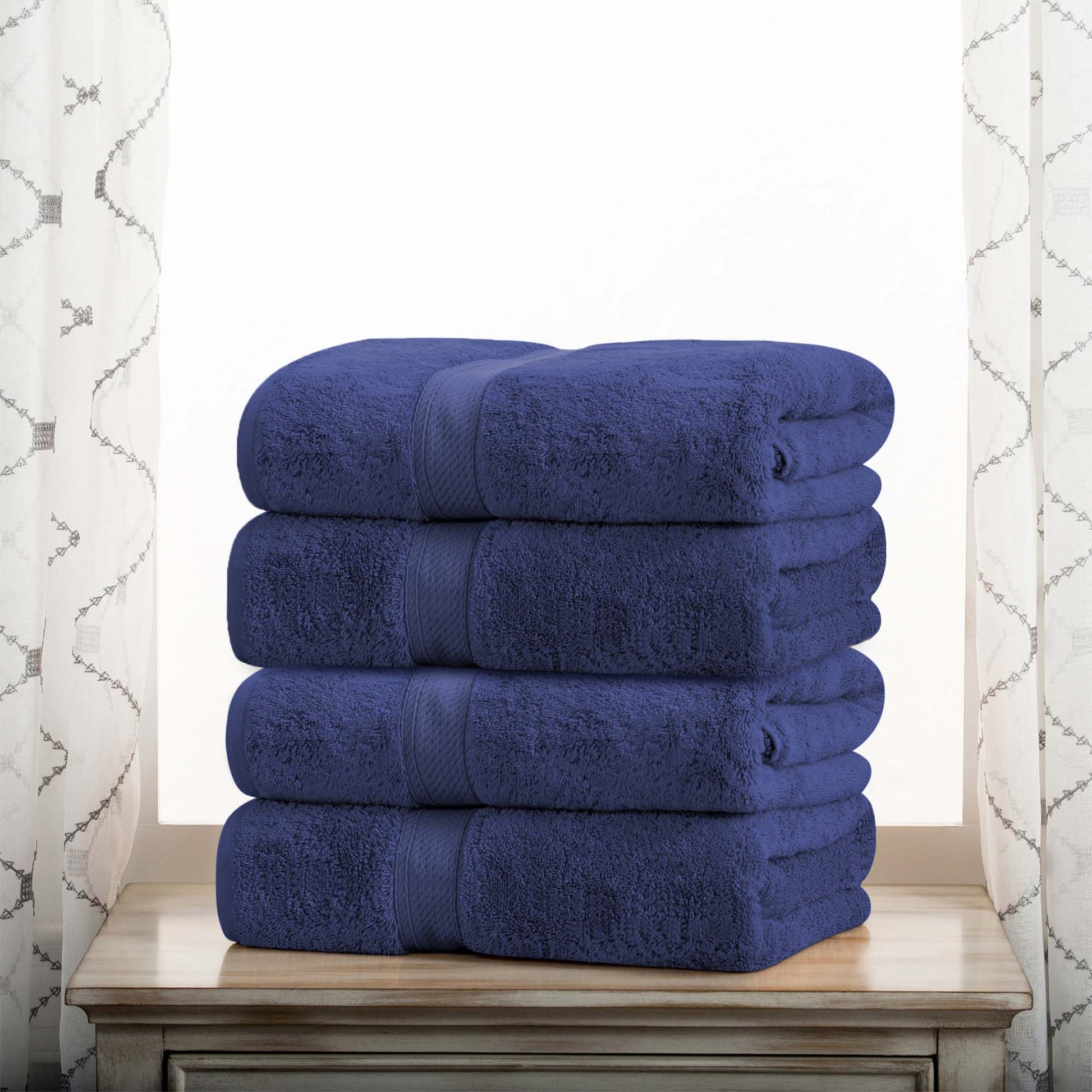 Egyptian Cotton Pile Plush Heavyweight Absorbent Bath Towel (Set of 4) - NavyBlue