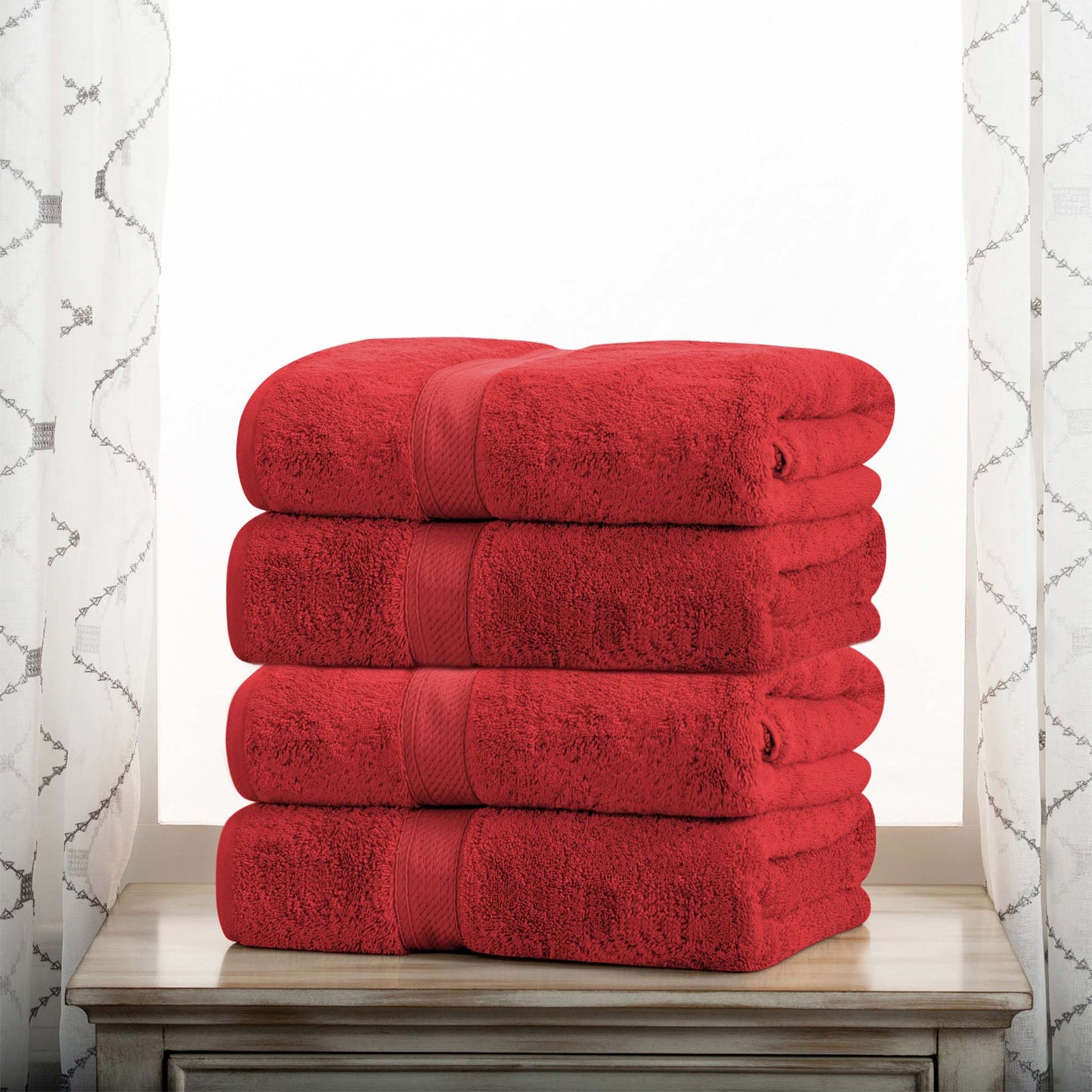 Egyptian Cotton Pile Plush Heavyweight Absorbent Bath Towel (Set of 4) - Red