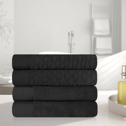 Premium Turkish Cotton Jacquard Herringbone and Solid 4-Piece Bath Towel Set - Black