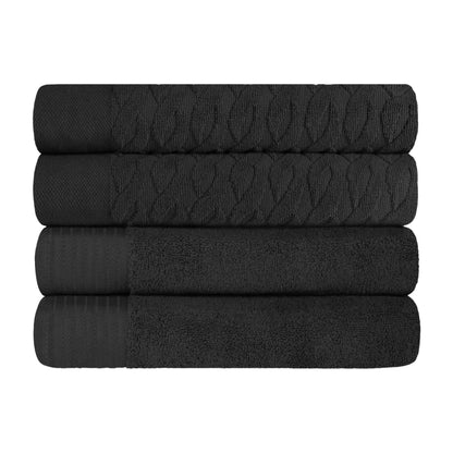 Premium Turkish Cotton Jacquard Herringbone and Solid 4-Piece Bath Towel Set - Black