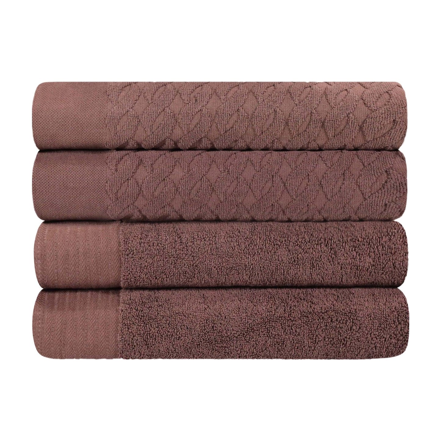 Premium Turkish Cotton Jacquard Herringbone and Solid 4-Piece Bath Towel Set -  Chocolate